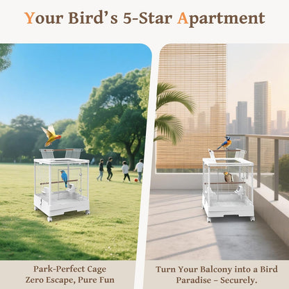 Clear View Bird Cage with Play Top, Modern Rolling Flight Cage for Parakeets, Cockatiels, Conures, Lovebirds, White Parrot Cage with 0.4" Bar Spacing, Slide-Out Tray & Accessories
