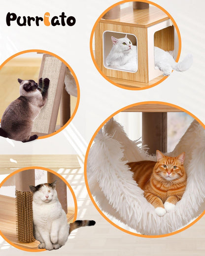 61" Wooden Cat Tree Tower for Indoor Cats, Luxury Modern Wooden Tower with XL Plush Lounge, Hammock & Scratching Posts for Maine Coon 20 lbs