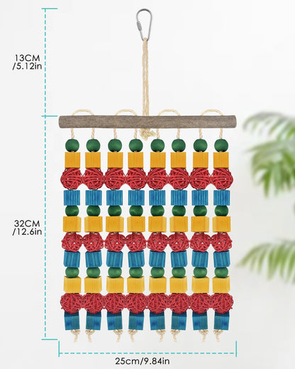 Large Parrot Toys, 17.7 inch Multicolored Natural Wooden Blocks Beads Rattan Balls, Bird Chew and Hanging Tearing Toys for Large Medium Birds Macaws African Grey Cockatoos Amazon Parrots
