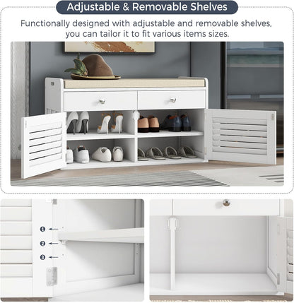 Shoe Storage Bench with 2 Drawers & 2 Doors, Entryway Bench with Cushion, 2 Adjustable Shelves, Shoe Cabinet for Entryway, Living Room, Hallway, Mudroom, Bedroom, White