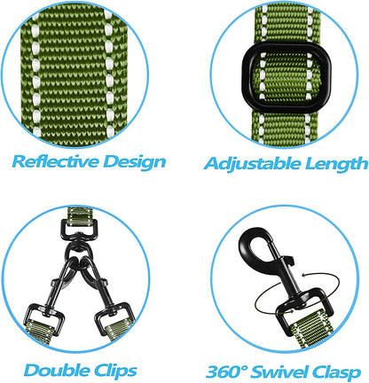 PetBonus Double Dog Leash, No Tangle Dual Leash, Reflective Walking Training Lead, 4 Comfortable Padded Handles for 2 Dogs with Collapsible Bowl and Waste Bags (Khaki Green, Large)