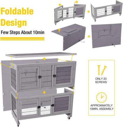 Aivituvin Rabbit Hutch Indoor, Folding Bunny Cage with Two Story, Rabbit Cage with Wheels, Anti Slip Ramp