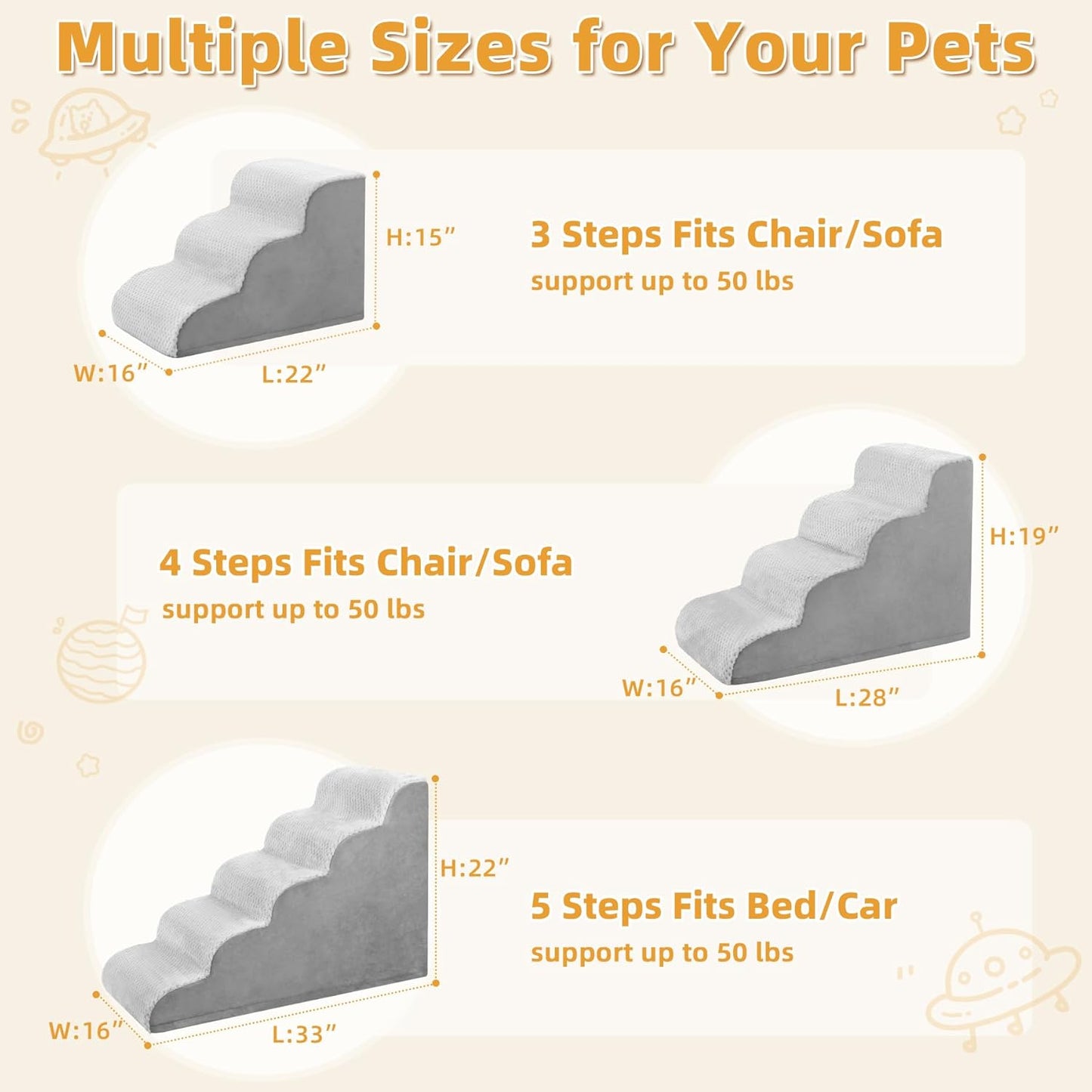 MIHIKK Dog Stairs Ramp, Curved 3-Step Dog Steps for Small Dogs and Cats, Pet Stairs for High Beds and Couch with Anti-Slip Washable Cover and Durable High Density Foam, Grey