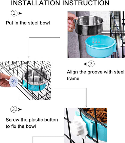 HERCOCCI Dog Crate Bowl, Removable Stainless Steel Pet Kennel Cage Hanging Food Bowls and Water Feeder Coop Cup Prevent Overflow for Puppy, Medium Dog, Cat, Rabbit, Ferret
