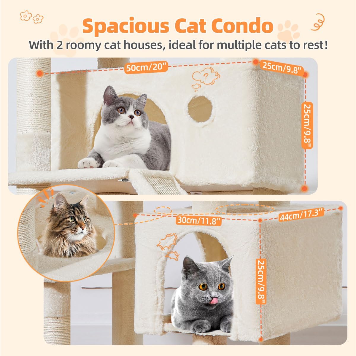 Taoqimiao Cat Tree 71-Inch, Cat Tower for Indoor Cats Large Adult, Multi-Level Large Cat Condo, 8 Sisal Scratching Posts, Metal Frame Cozy Hammock, Scratch Board, 2 Top Perches, Beige MS026LM