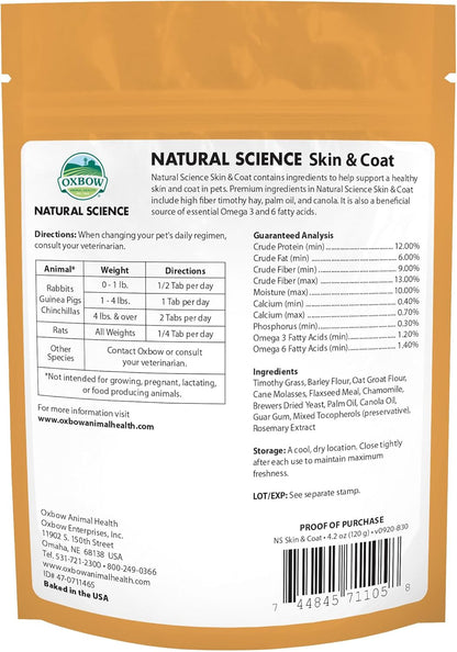 Oxbow Animal Health Natural Science Skin & Coat Support, Supplement for Rabbit & Guinea Pig, Made with Oxbow Timothy Hay, Includes Palm Oil & Omega 3 & 6 Fatty Acids, Made in USA, 4.2 oz Bag