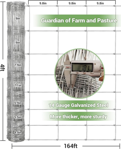 Cattle Farm Fence, 4ft x 164ft Galvanized Wire Fencing for Goat Deer Yard Livestock Animals Protection