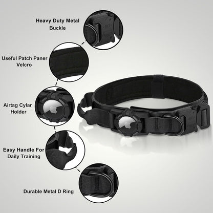 Waterproof Tactical Dog Collar with AirTag Holder - Heavy Duty Adjustable Collar for Medium to Large Dogs, Control Handle & Apple AirTag Compatible [Black,