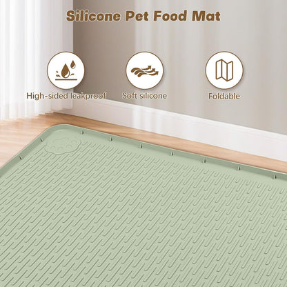Cat Food Mat, 50" x 35" Extra Large Silicone Pet Feeding Mat with Raised Edge Pet Placemat for Food and Water Bowl Non-Slip, Easy to Clean, Floor Protection (Green)