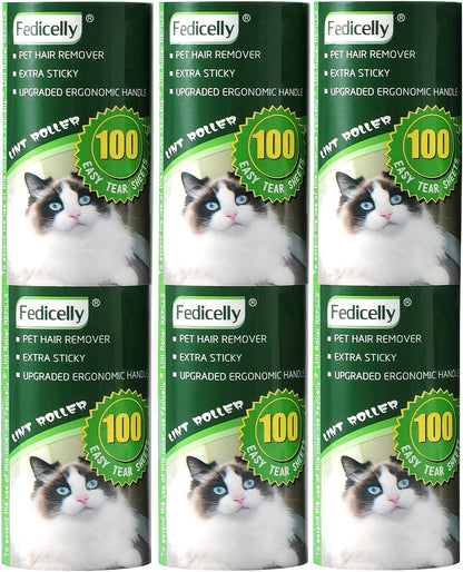 Fedicelly Lint Rollers Pet Hair Extra Sticky Refills,Mega Value Set 600 Sheets for Cat and Dog Hair Removal,100 Sheets Per Roller (Pack of 6)