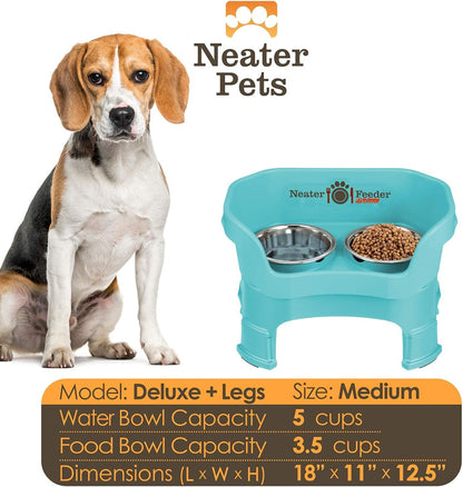 Neater Feeder Deluxe Mess Proof Dog Bowls Elevated Medium Sized Dogs (19-40 lbs) Made in USA, No Spill Raised Dog Food Bowl Stand w/Leg Extension, Stainless Steel Food and Water Bowl Set, Aquamarine