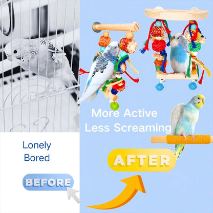 Bird Perches,Natural Wood Birds Stand Branch with Chew Toys,Parakeet Parrot Perch for Cage, Bird Cage Chew Toy & Hanging Toy for Cockatiels Lovebirds Budgies