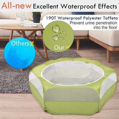 Pawaboo Small Animals Playpen, Waterproof Small Pet Cage Tent with Zippered Cover, Portable Outdoor Yard Fence with 3 Metal Rod for Chick/Kitten/Puppy/Guinea Pig/Rabbits/Hamster/Chinchillas,Green