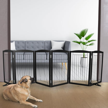 ZJSF Freestanding Dog Fence Indoor, Foldable Dog Gate for Doorways, Stairs or Hallways, Sturdy Wood Extra Wide Pet Gate with Support Feet for The House, Black, 32 "Height-6 Panels