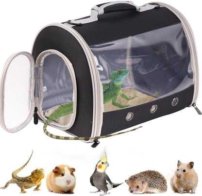 Bearded Dragon Travel Carrier Backpack,Lizard Backpack Carrier,Space Capsule Clear Bubble Window Astronaut Reptile Carrier Backpack for Guinea Pig,Sugar Glider,Bunny (Black, TPU Carrier+MAT)