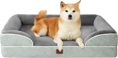 EHEYCIGA Orthopedic Dog Beds for Large Dogs, Waterproof Memory Foam Large Pet Bed with Sides, Non-Slip Bottom and Egg-Crate Foam Dog Couch Bed with Washable Removable Cover, Greyish Green