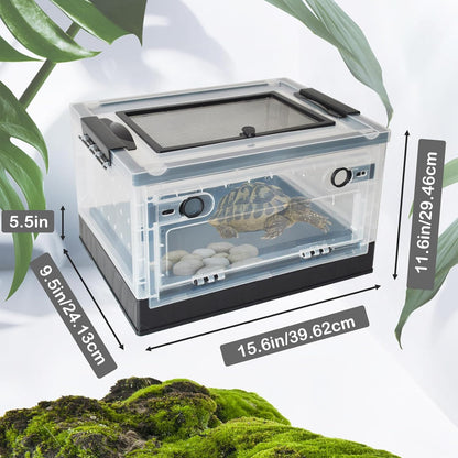 PINVNBY Plastic Reptile Feeding Box with Wheels,Reptiles Breeding Enclosure Cages Transparent Amphibians Habitat Terrarium Tank Portable Transport Container for Lizard,Bearded Dragon(Black)