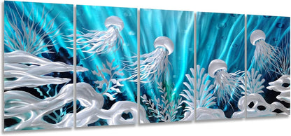 SYGALLERIER Jelly Fish Large Metal Wall Art Hand Grind Aluminum Artwork 3D Undersea World Coastal Pictures Nautical Decor for Living Room Bedroom