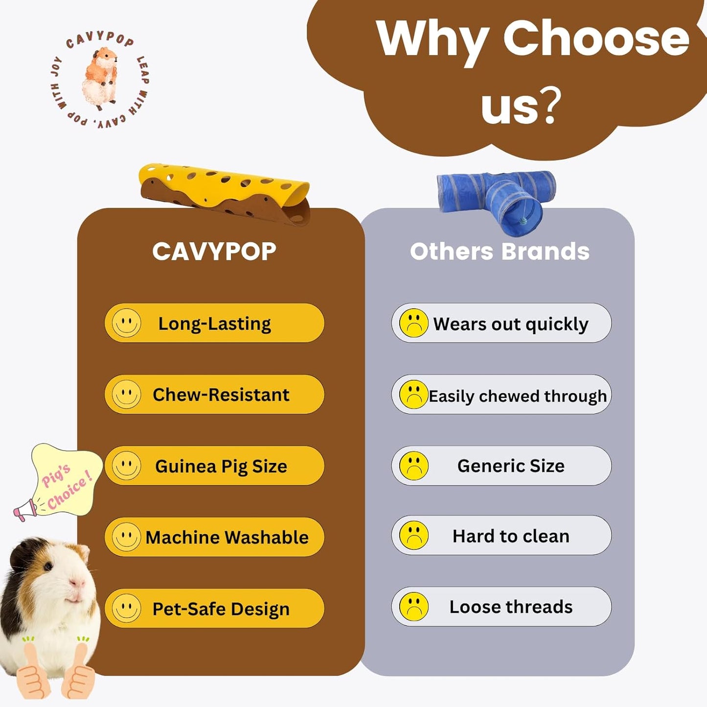 Guinea Pig Tunnels, Foldable Fleece Hideout Beds with Cheese-Hole Design, 2 Pack Modular Tunnel Set for Play and Rest, Brings Comfort and Enrichment to Guinea Pig Cages-Brown&Grey