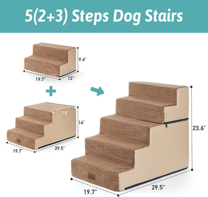 Dog Stairs for Small Dogs, 5 Tier Removable Wider Pet Stairs for Couch and Bed, 23.6" H Non-Slip Dog Steps for Puppies and Old Cats with Support Board, 29.5x19.7x23.6 inch, Light Brown
