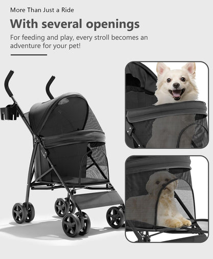 Pet Stroller with 4 Wheels for Small/Medium Pets, Portable Travel Foldable Carrier Jogger for Dog Cat Puppy Kitty, Rear Wheel Breaks, Storage Basket, Visible Mesh with Weather Cover (Black)
