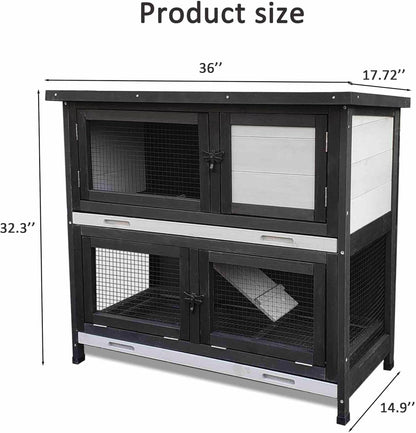 Double Level Solid Wood Rabbit Hutch Small Animal Cage for Rabbits, Guinea Pigs, Hedgehogs & Lizards Indoor/Outdoor– 2-Tier Eco-Friendly Habitat with Bedding Area, Durable & Easy to Clean
