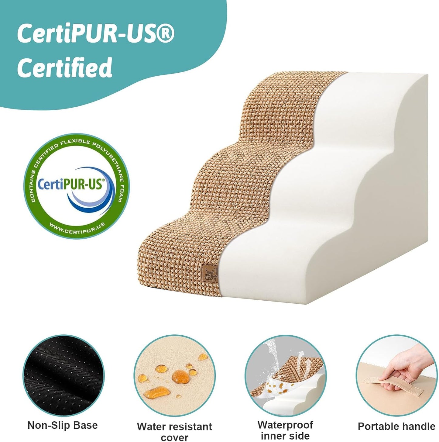 Dog Stairs for Small Dogs 15.7" H, Curved Dog Step for Puppy, Older Cat, Medium Pet Ramp for Sofa, Couch or Chair, Ladder with High Density Foam, 15.7x22.4x15.7 inch, 3 Step, Light Brown