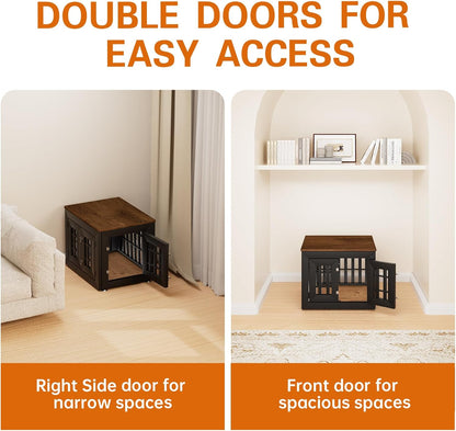 26" Heavy Duty Dog Crate Furniture for Small,Medium and Large Dogs,Rustic Wooden Dog Cage Kennel Indoor Furniture with Waterproof Top,Decorative Pet House Side End Table (Black & Wood)