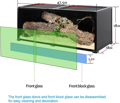 REPTI ZOO 68 Gallon Reptile Terrariums, 48" X 18" X 18" Reptiles Tanks Enclosure for Bearded Dragon Ball Python Snake, Black-Tinted ECO Glass Reptile Habitat with Sliding Door & Top Screen Ventilation