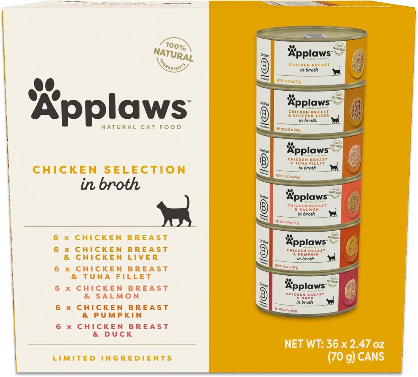 Applaws Natural Wet Cat Food in Broth, Limited Ingredient Canned Wet Cat Food, No Additives, Made with Natural Ingredients, Chicken Selection in Broth Cans (36 x 2.47oz Cans)