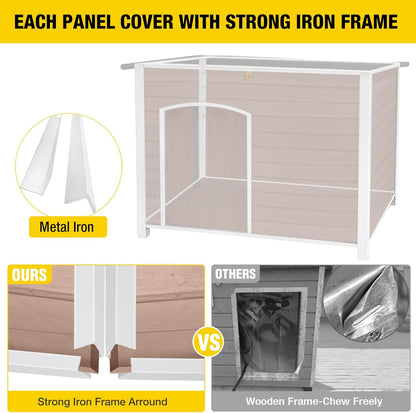 Dog House Outdoor & Indoor Wooden Dog Kennel for Winter with Raised Feet Weatherproof for Small & Medium & Large Dogs,Unique All-Around Iron Frame，Light Brown