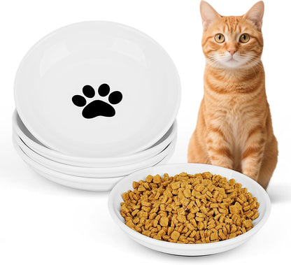 Ceramic Cat Food Bowls - 4 Pack Shallow Plates for Wet Food, Whisker-Friendly Feeding Dish with Non-Slip Silicone Base, Microwave & Dishwasher Safe for Indoor Cats & Kittens