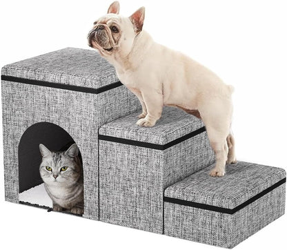 Dog Stairs with Storage, 3-Step Wider Dog Steps with Condo for Dogs and Cats, Pet Stairs for High Bed Climbing, Grey