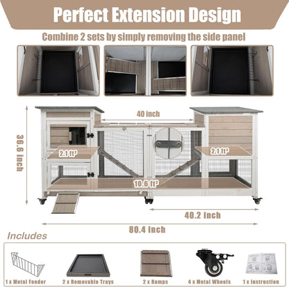 Rabbit Hutch Indoor 40" L Large 2 Story Outdoor Wooden Bunny Hutch with Run, 4 Metal Wheels & 2 Deeper Trays, UV-Proof Panel Rabbit Cage Guinea Pig Pet House for Small-Medium Animals