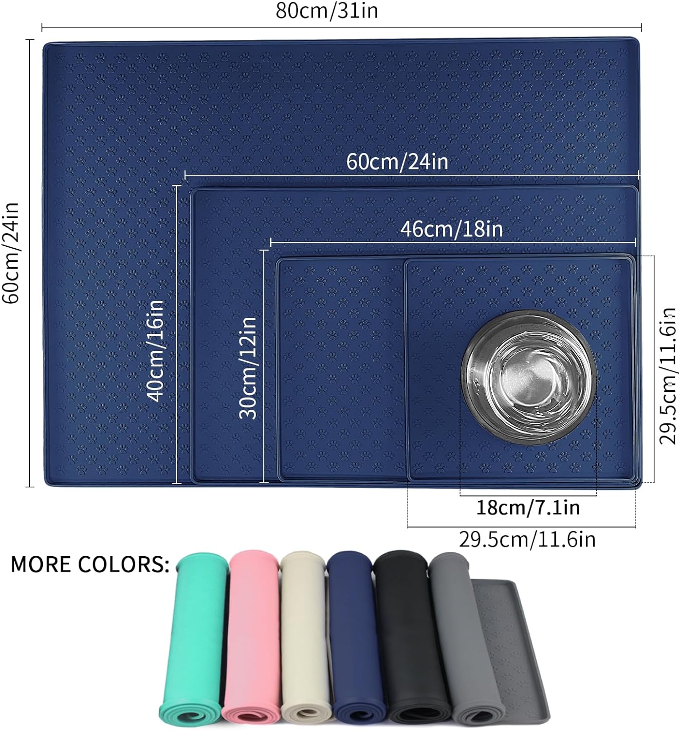 Ptlom Silicone Pet Placemat for Dog and Cat, Waterproof Non-Slip Pet Feeding Bowl Mats for Food and Water, Small Medium Large Tray Mat Prevent Residues from Spilling to Floor, Navy Blue, 18" 12"