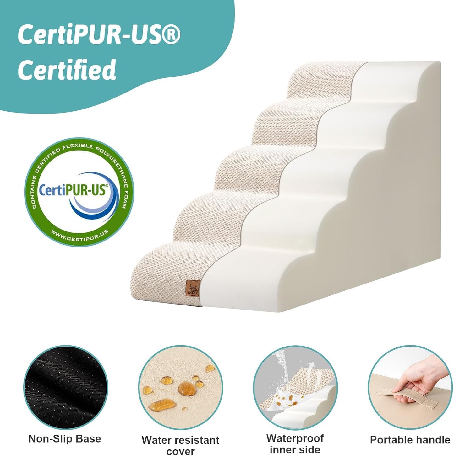 Dog Stairs for Small Dog 22.6" H, Curved Pet Step for Puppy, Older Cat, Medium Pet Ramp for High Bed, Ladder with High Density Foam, Durable, 5 Step, 15.7x33x22.6 inch, Beige