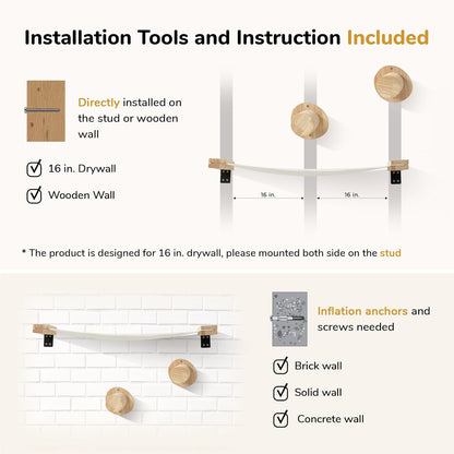 FUKUMARU Cat Wall Furniture, 2 PCS Climbing Shelves Set, Solid Rubber Wood Cat Shelf, Cats Perches for Wall Sleeping, Playing, Jumping and Lounging, 16 inch Drywall Installation