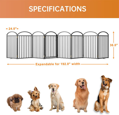 8 Panles Full Matel Freestanding Dog Gates with Door, 192"Extra Wide 36"Tall Free Standing Dog Pet Gate for Indoor & Outdoor. Foldable Pet Fences for Doorways, House, Stairs, Porch, Deck, Yard