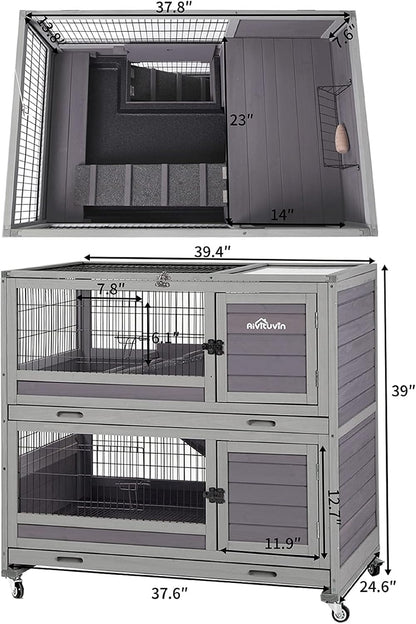 Rabbit Hutch Indoor Outdoor Bunny Hutch Pull Out Tray Guinea Pig Cage with Bottom Wire-Netting, On Wheels (Gery) 39.4" L x 24.6" W x 39" H
