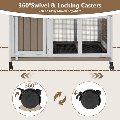 38''L Rabbit Hutch Outdoor Indoor with Wheels, Wooden Expandable 2 Story Bunny House Rabbit Cage with Run, Waterproof Roof, Pull Out Tray, Guinea Pig Cage Chicken Coop for Small to Medium Pets