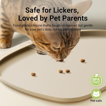 DownyPaws Dog Food Mats for Floors Waterproof, BPA Free Silcone Dog Bowl Mat, Non-Slip Pet Feeding Mat with High Raised Edge, Cat Placemat for Messy Drinkers, 18"×12.5", Almond