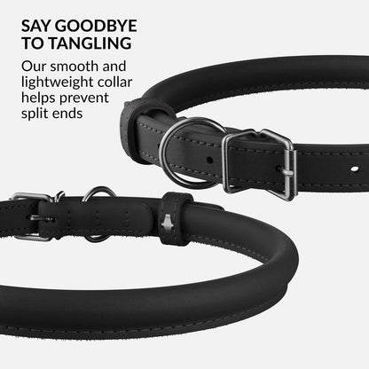 CollarDirect Rolled Leather Dog Collar, Soft Padded Round Puppy Collar, Handmade Genuine Leather Collar Dog Small Large Cat Collars 13 Colors (13-16 Inch, Black Smooth)