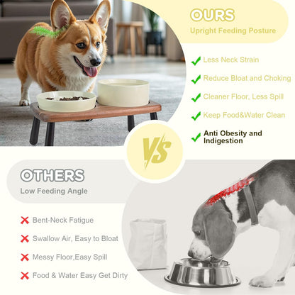 SPUNKYJUNKY Ceramic Elevated Dog Bowls with Slow Feeder Raised with Acacia Bamboo Wooden Stand, 6.1'' Dog and Cat Food Water Bowls Set Non-Slip for Small Medium Sized Breed - Beige