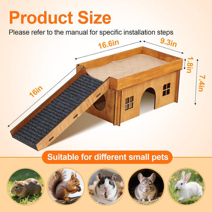 Wooden Guinea Pig Hideout, Large Hamster Hideout, Small Animal House Habitats with Stairs, Upgraded Pets Hut Castle for Guinea Pig, Bunny, Chinchillas, Hamster, Rabbit
