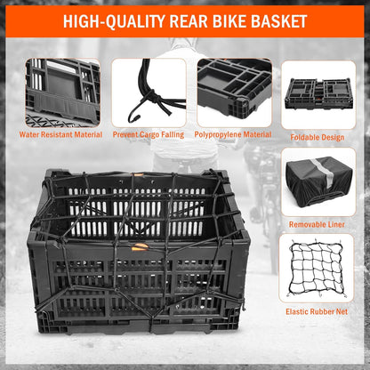 Rear Bike Basket, Foldable Rear Rack Bicycle Basket with Mesh Pocket Waterproof Cover Reflective Strip for Adult Bikes Easy to Assemble and Carry for Pets Fruit