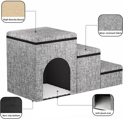 Dog Stairs with Storage, 3-Step Wider Dog Steps with Condo for Dogs and Cats, Pet Stairs for High Bed Climbing, Grey