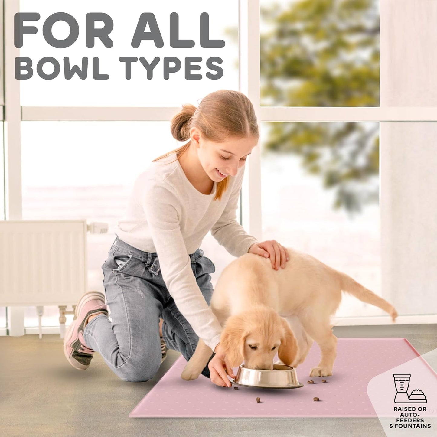 Dog Food Mat - 28x18 Raised Edges Dogs Mat for Food and Water Prevent Spill, Waterproof Cat Food Mats Protect Floors, Easy Clean Dog Bowl Mats for Food and Water, Silicone Pet Feeding Placemats Pink