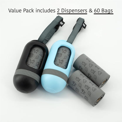 SVD.PET [2-Pack] Retractable Waste Bag Dispensers Gift Set, 2 Pet Waste Bag Holders with 60 large Waste Bags, Dog Walking Accessory Gift Value Pack (Black & Columbia Blue)