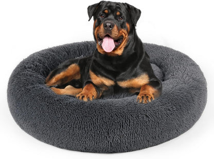 Dog Bed, Cat Calming Bed, Faux Fur Pillow Pet Donut Cuddler Round Plush Bed for Large Medium Small Dogs and Cats (Dark Grey, 44.0" L x 44.0" W x 7.0" Th)