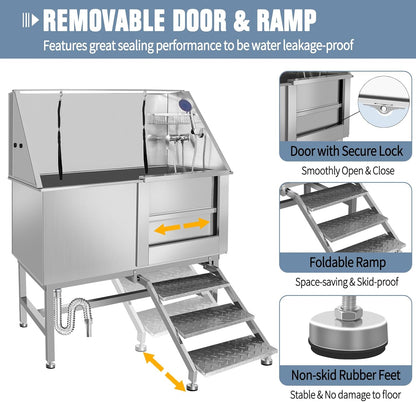 50" Dog Washing Station, Professional Stainless Steel Dog Bathing Station, Equipped/W Three Anti-Slip Steps, Removable Door, Upgraded Spray Nozzle&Hose - for Home, Pet Grooming Salon (50" Right ramp)